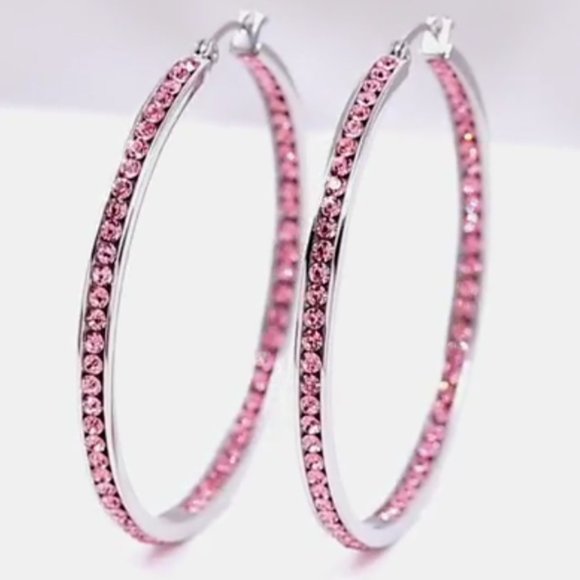 Pink Rhinestone Silver Hoop Earrings Crystal Channel Hoops Sparkling Rhinestones - Picture 3 of 14